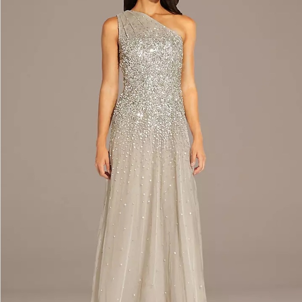 Mesh One-Shoulder Gown with Scattered Sequins